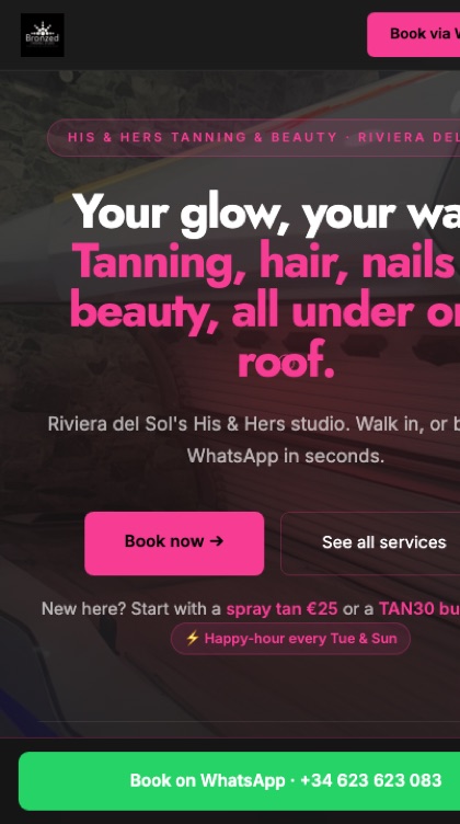 Bronzed Riviera website shown on a mobile phone