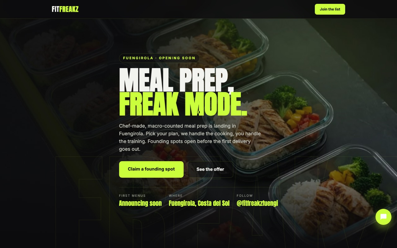 Fit Freakz meal-prep website shown on a laptop