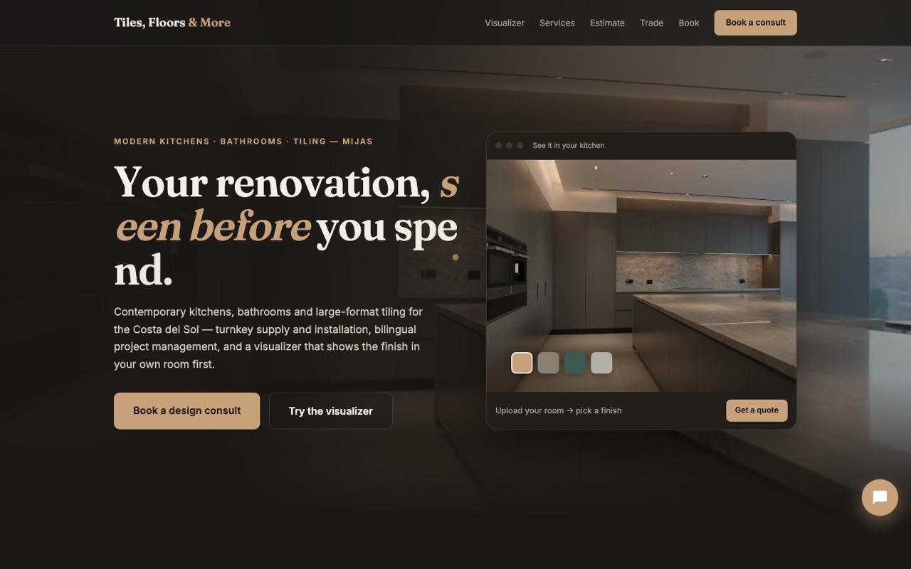 Tiles, Floors & More showroom website shown on a tablet
